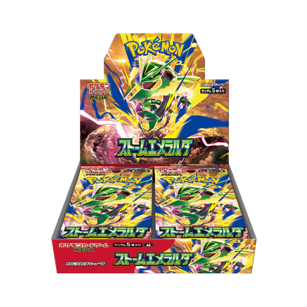 Storm Emeralda M6 booster box open display with Mega Rayquaza art and visible packs