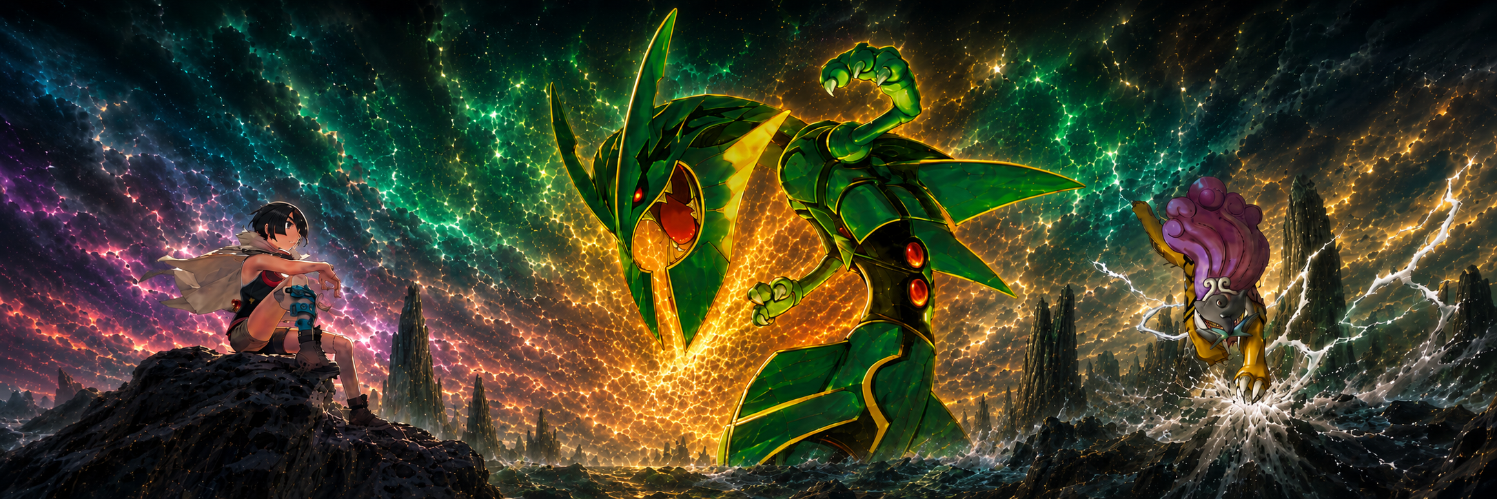 Delta Reign banner: Mega Rayquaza, Zinnia, and Raikou under a starry sky — same mural as Japanese Storm Emeralda, English Mega Evolution DLR