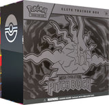Pitch Black ETB box front with silver Mega Darkrai line art on black swirling background