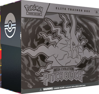 Pitch Black ETB box front with silver Mega Darkrai line art on black swirling background