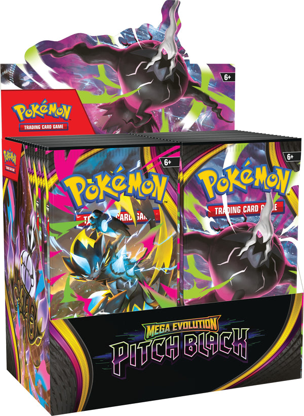 Pitch Black booster box left-angle display with Darkrai header and Darkrai and Zeraora packs