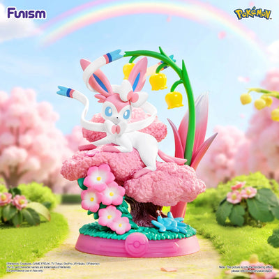 FUNISM Enjoy Eevee Series Sylveon figure reclining on pink cherry blossom tree with lily-of-the-valley