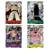 One Piece OP-17 manga-art Super Parallel cards of the Four Emperors: Edward Newgate, Shanks, Kaido and Charlotte Linlin; not guaranteed