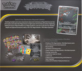 Pitch Black ETB back of box showing contents: packs, sleeves, dice, Zarude promo, and guide