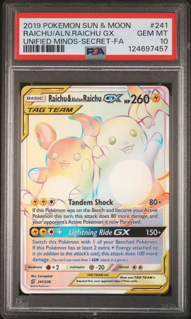 2019 Pokemon Unified Minds Raichu & Alolan Raichu GX #241 Secret Rare PSA 10
